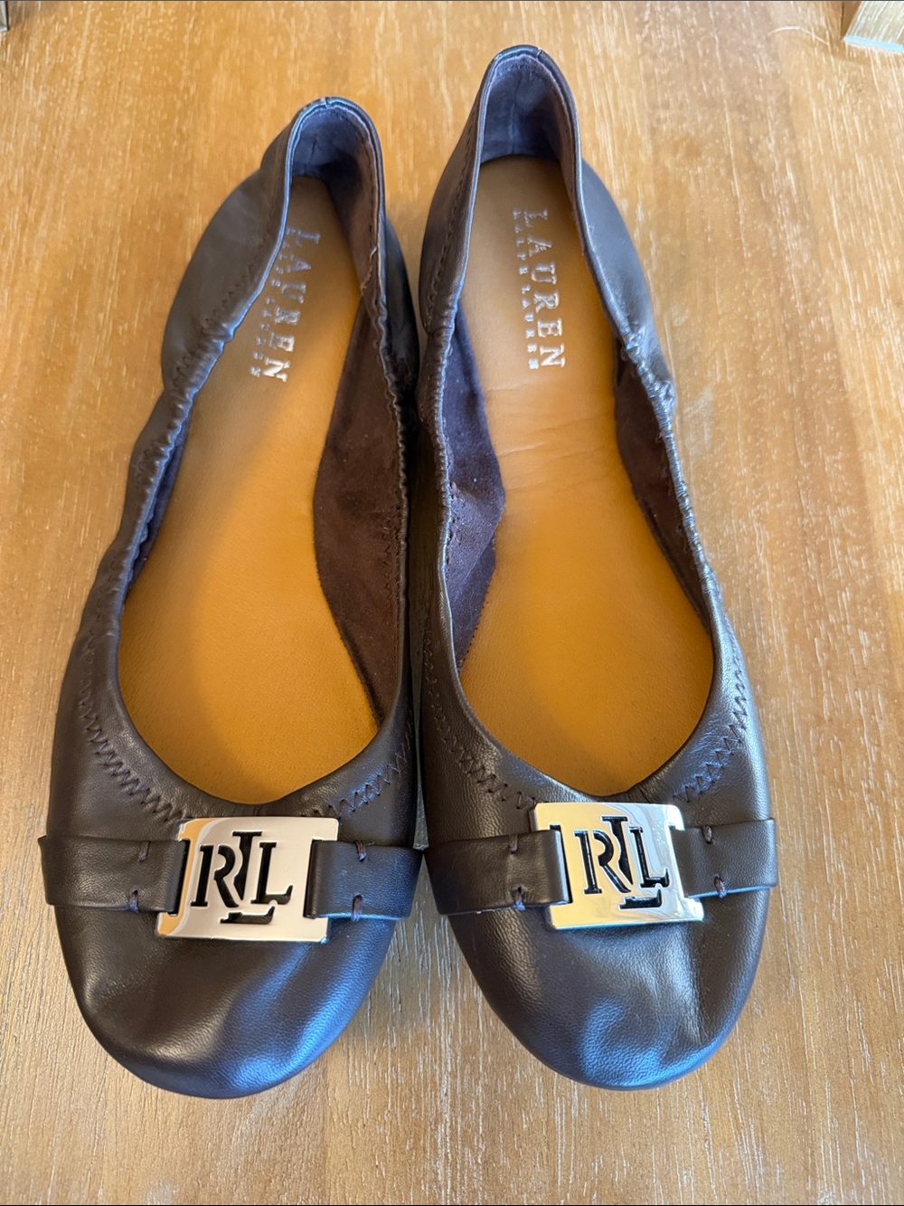 Lauren Ralph Lauren Brown Leather RLL Logo Ballet Flats